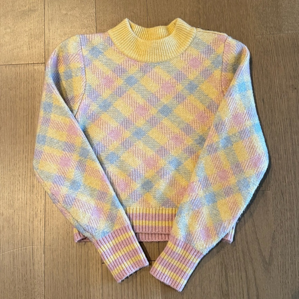 Zara Pastel Plaid Sweater with Star Embellishments